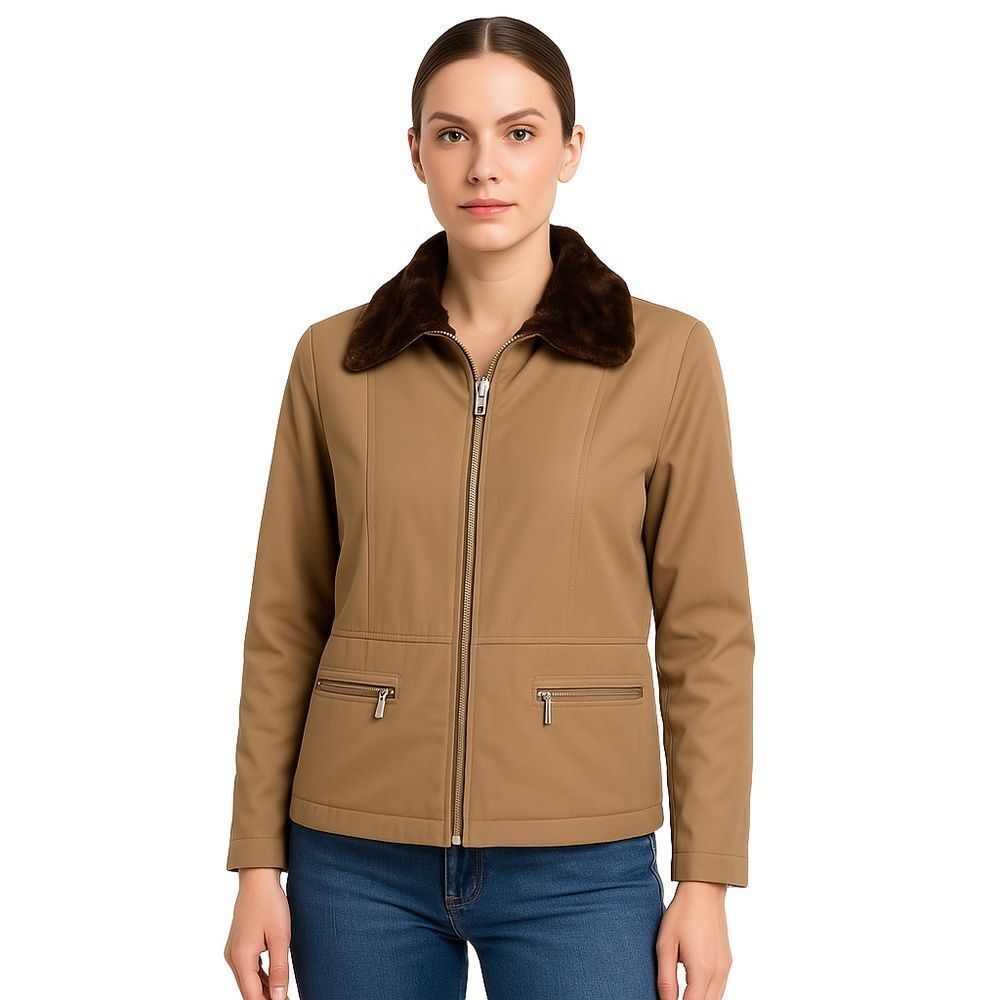 XOXO Juniors Camel Brown Cozy Fur Collar Full Zip Casual Jacket Womens M